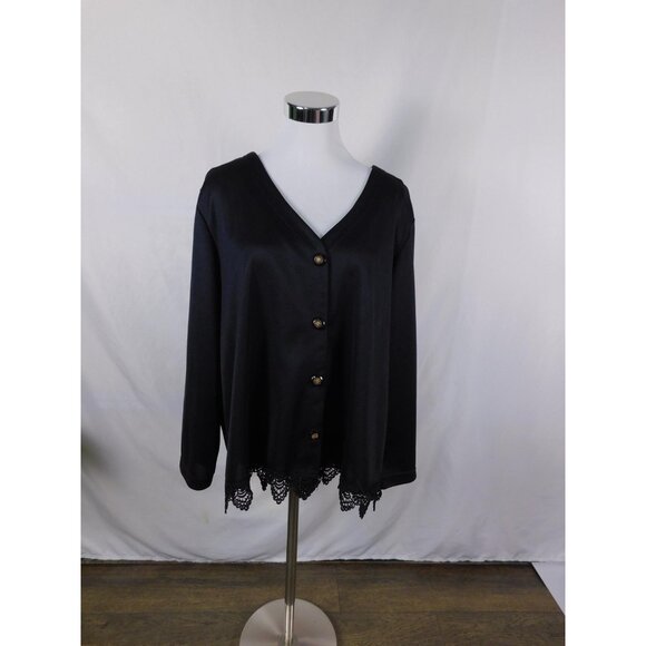 Roaman's Cardigan Womens Black Lace Hem Button Front Long Sleeve Made in USA - Picture 1 of 11